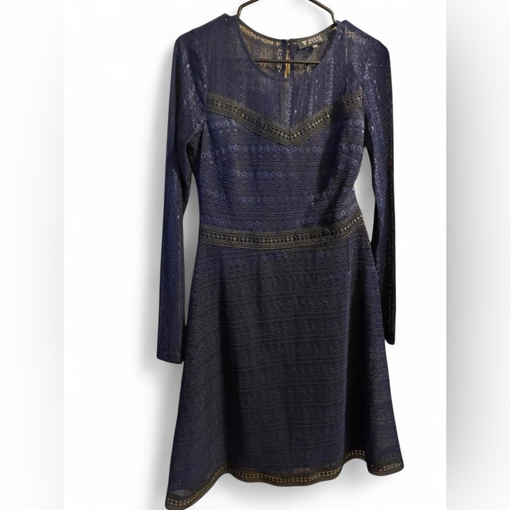 Guess Navy Blue Lace Long Sleeve Fit & Flare Dress
